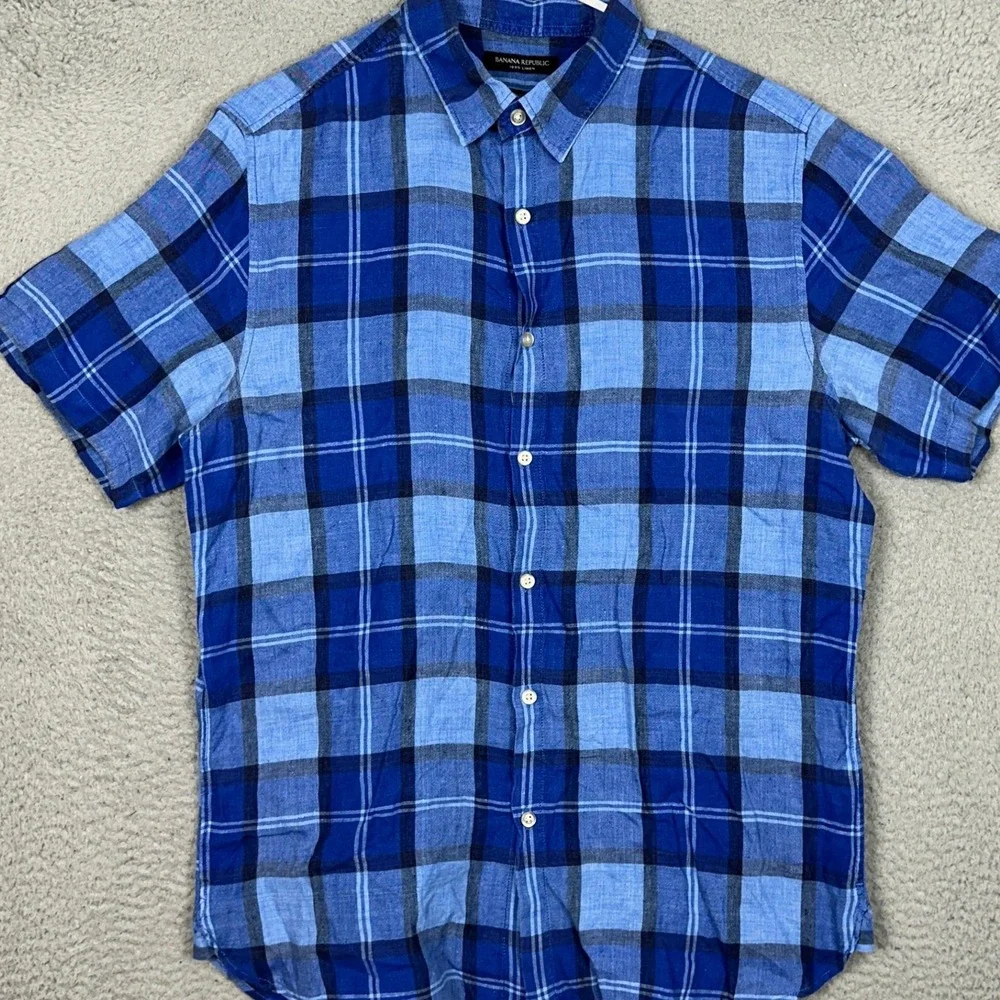 Banana Republic Linen Shirt Mens Medium Camden Fit Blue Plaid Button Up Casual
